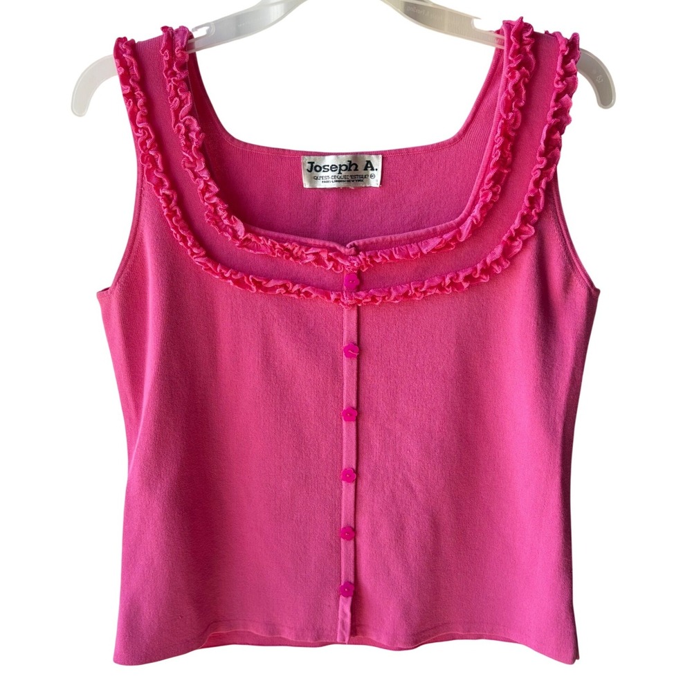 Vintage Joseph A. Knit Top Womens S Pink Ruffle Trim Flower Button Barbiecore‎